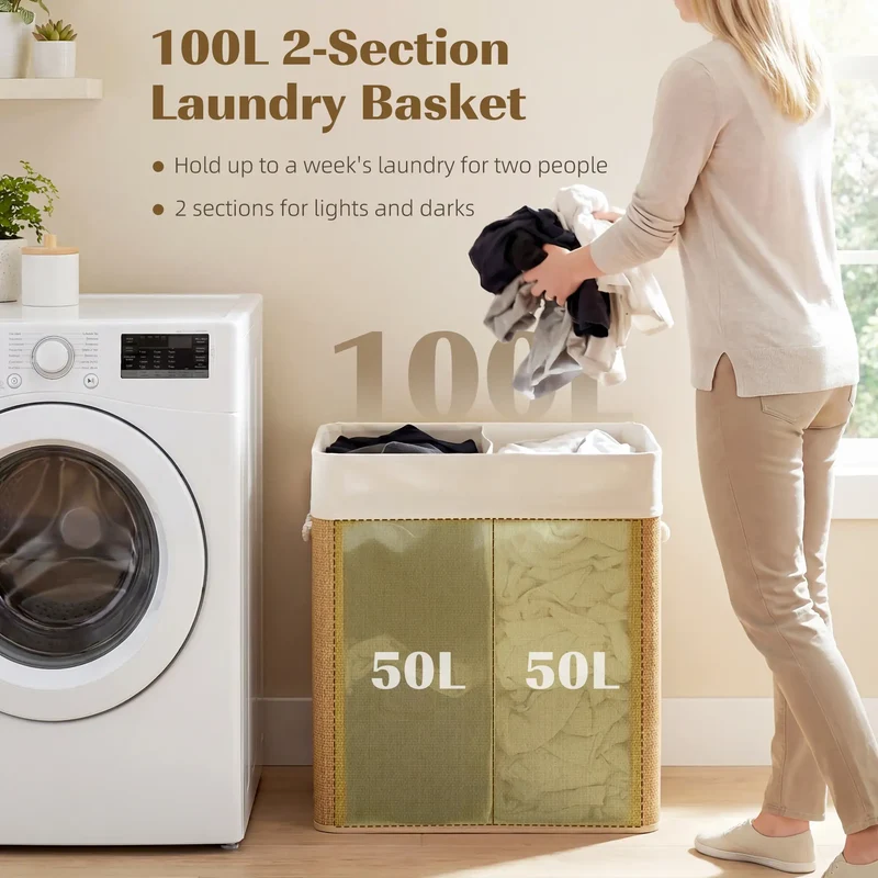 Double Laundry Basket with Lid, 100L Bamboo Hamper, Removable Bags, Brown