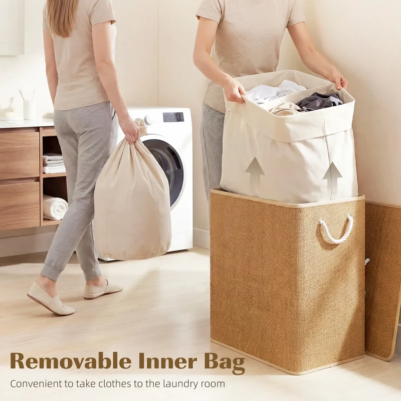 Double Laundry Basket with Lid, 100L Bamboo Hamper, Removable Bags, Brown