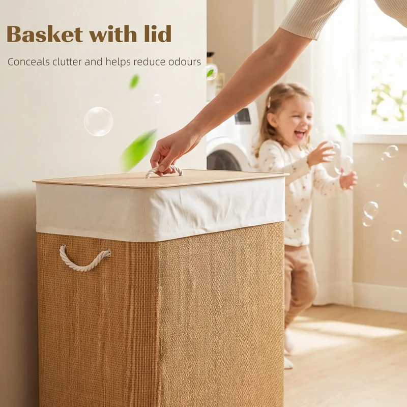 Double Laundry Basket with Lid, 100L Bamboo Hamper, Removable Bags, Brown