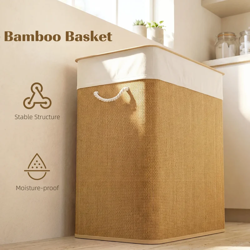 Double Laundry Basket with Lid, 100L Bamboo Hamper, Removable Bags, Brown