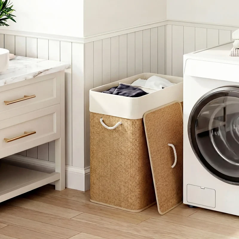 Double Laundry Basket with Lid, 100L Bamboo Hamper, Removable Bags, Brown