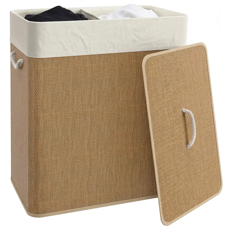 Double Laundry Basket with Lid, 100L Bamboo Hamper, Removable Bags, Brown