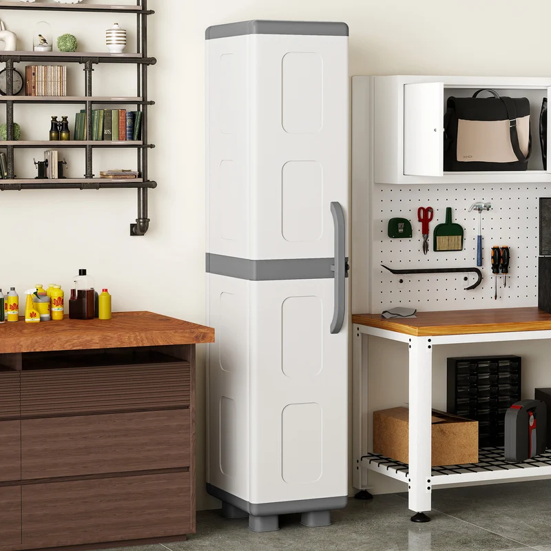 Plastic Kitchen Pantry, 4 Adjustable Shelves, Single Door, Gray