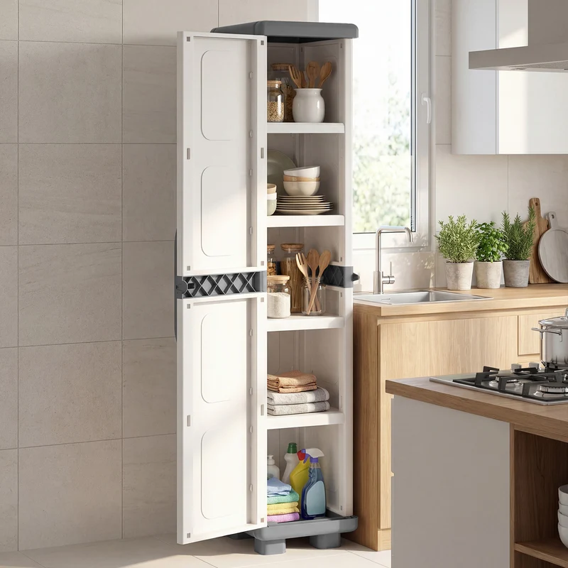 Plastic Kitchen Pantry, 4 Adjustable Shelves, Single Door, Gray