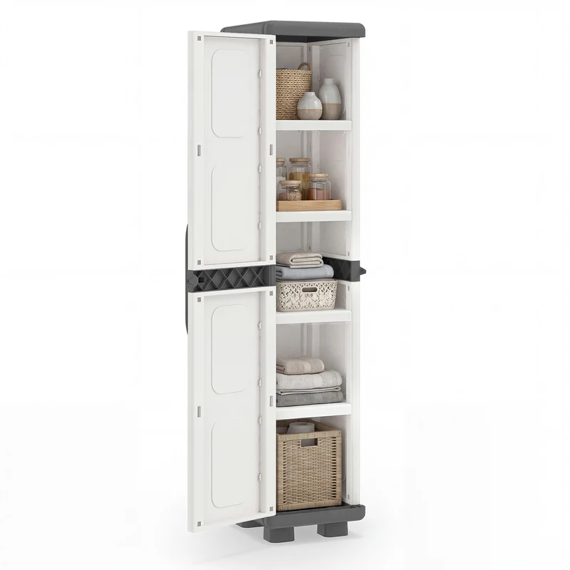 Plastic Kitchen Pantry, 4 Adjustable Shelves, Single Door, Gray