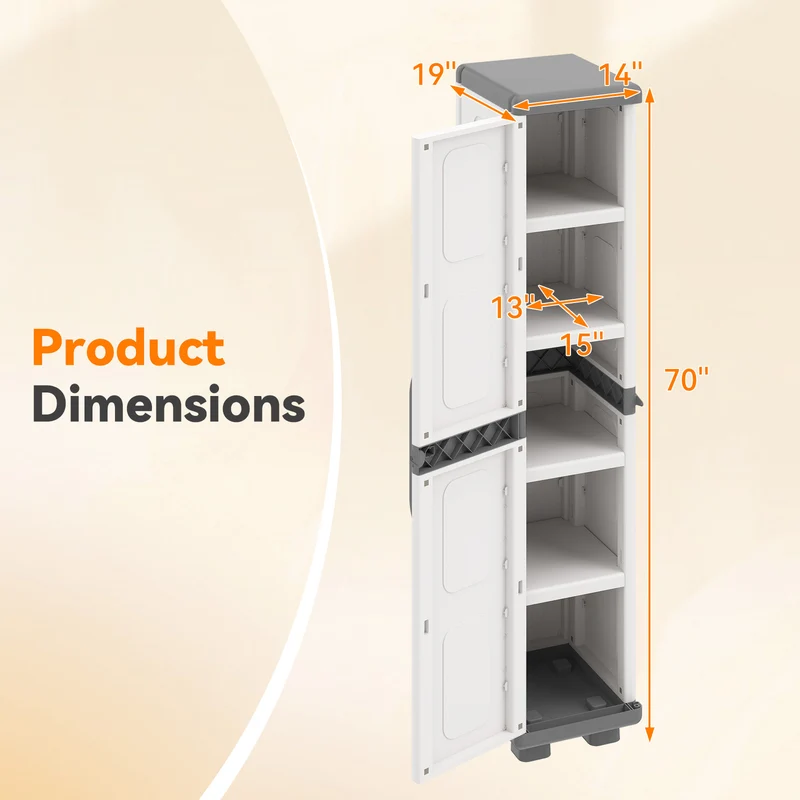 Plastic Kitchen Pantry, 4 Adjustable Shelves, Single Door, Gray