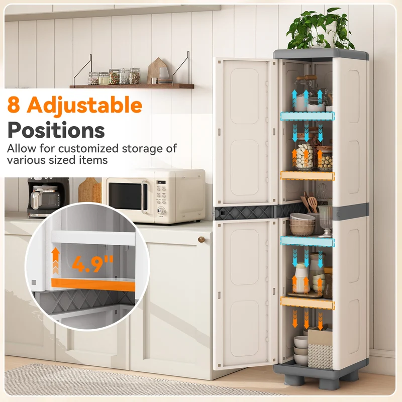 Plastic Kitchen Pantry, 4 Adjustable Shelves, Single Door, Gray