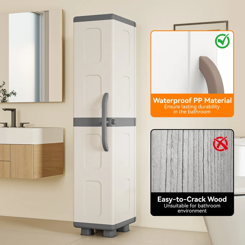 Plastic Kitchen Pantry, 4 Adjustable Shelves, Single Door, Gray