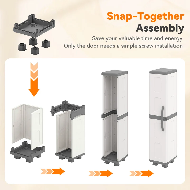 Plastic Kitchen Pantry, 4 Adjustable Shelves, Single Door, Gray