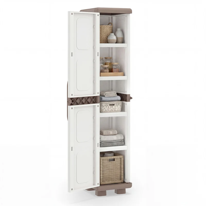Plastic Kitchen Pantry, 4 Adjustable Shelves, Single Door, Beige