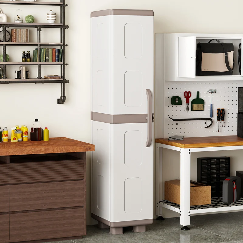 Plastic Kitchen Pantry, 4 Adjustable Shelves, Single Door, Beige