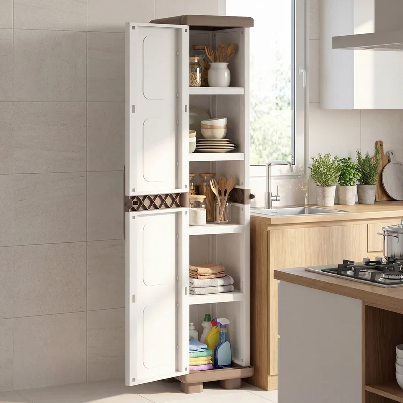 Plastic Kitchen Pantry, 4 Adjustable Shelves, Single Door, Beige
