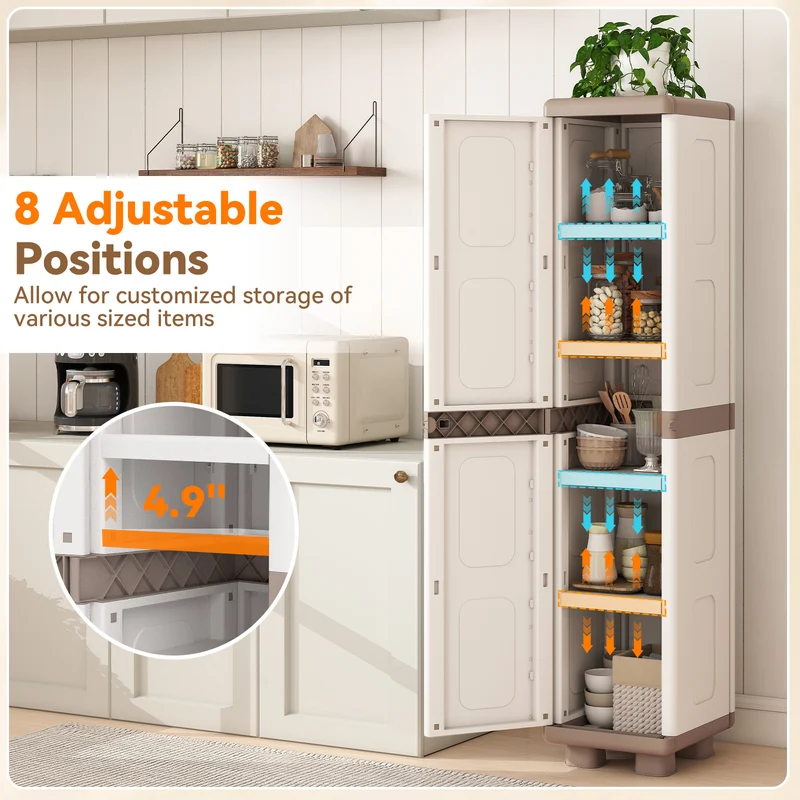 Plastic Kitchen Pantry, 4 Adjustable Shelves, Single Door, Beige