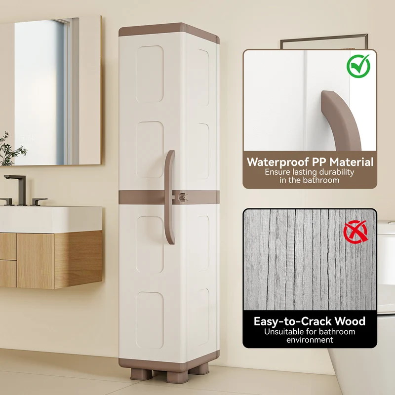 Plastic Kitchen Pantry, 4 Adjustable Shelves, Single Door, Beige