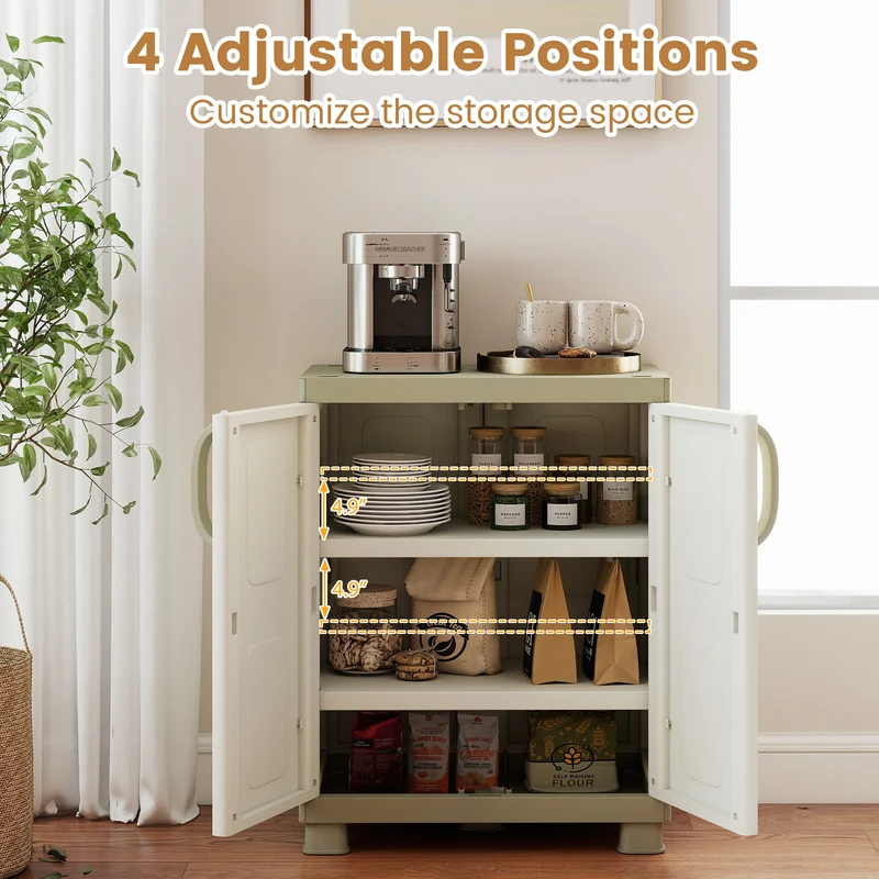 Freestanding Buffet Cabinet, 2 Doors, Adjustable Shelves, Kitchen Garage, Beige