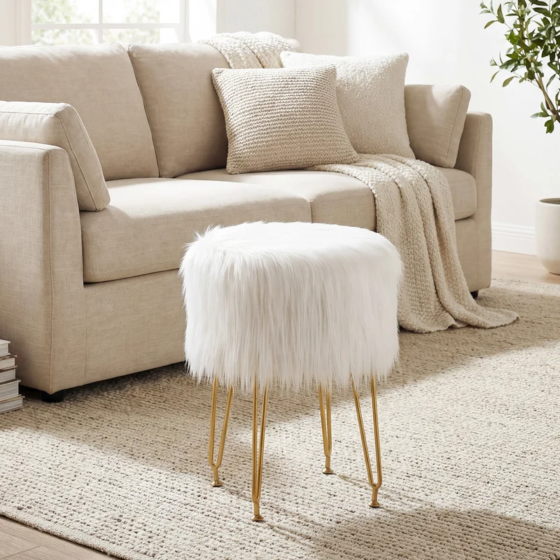 Faux Fur Vanity Stool, Metal Legs, White