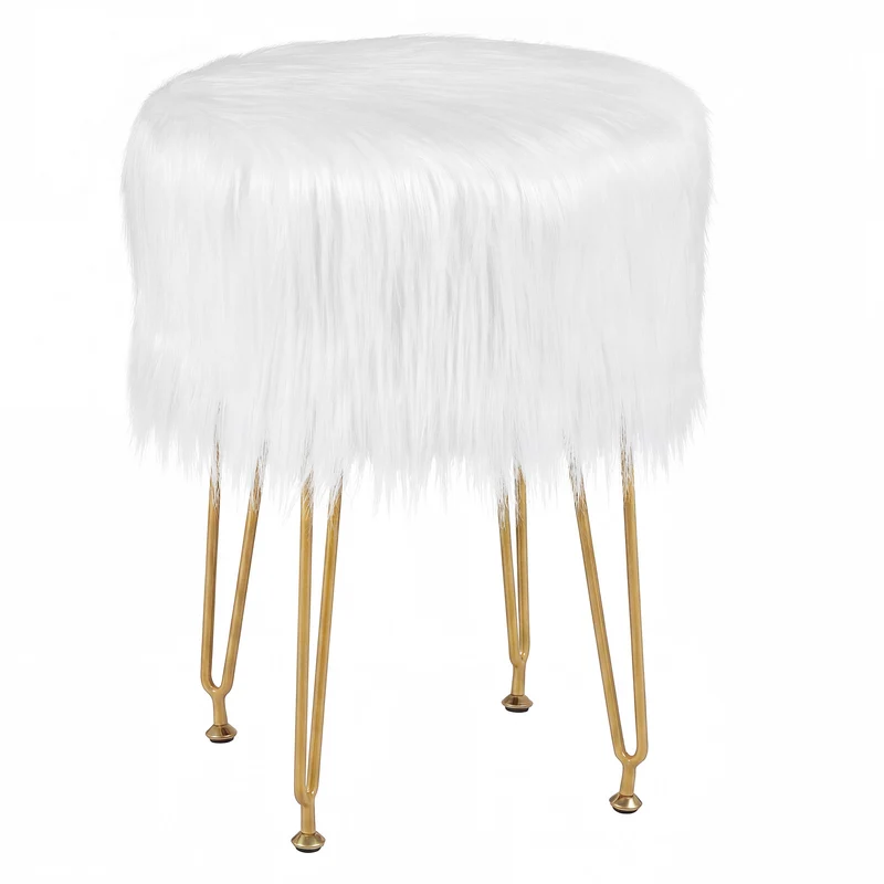 Faux Fur Vanity Stool, Metal Legs, White