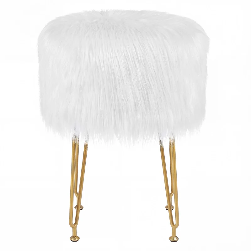 Faux Fur Vanity Stool, Metal Legs, White