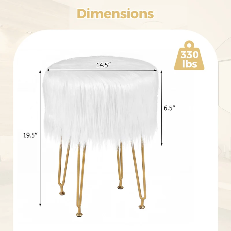 Faux Fur Vanity Stool, Metal Legs, White
