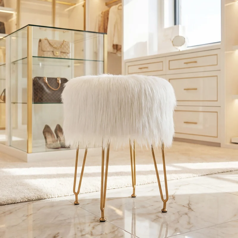 Faux Fur Vanity Stool, Metal Legs, White