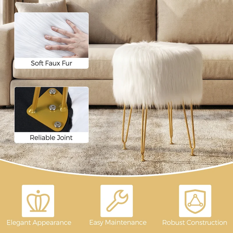 Faux Fur Vanity Stool, Metal Legs, White
