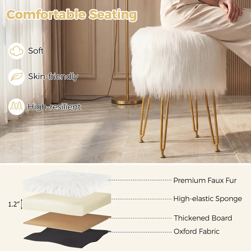 Faux Fur Vanity Stool, Metal Legs, White