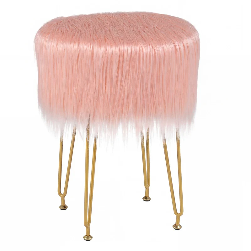 Faux Fur Vanity Stool Chair, Metal Legs, Pink