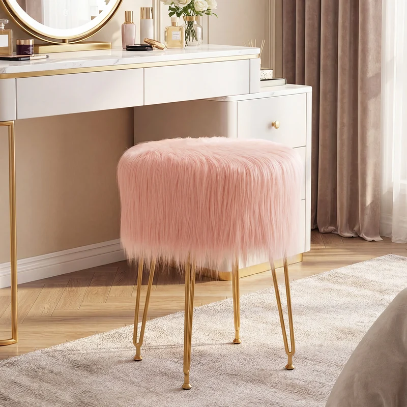 Faux Fur Vanity Stool Chair, Metal Legs, Pink