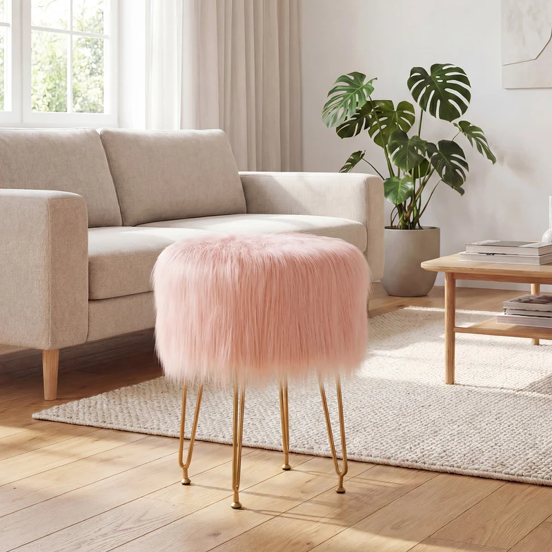Faux Fur Vanity Stool Chair, Metal Legs, Pink