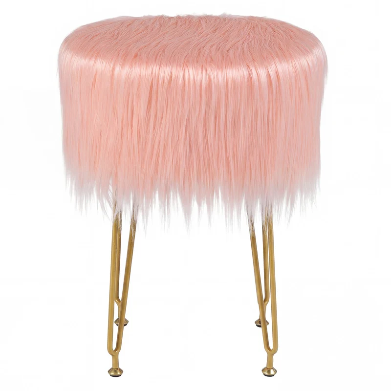 Faux Fur Vanity Stool Chair, Metal Legs, Pink