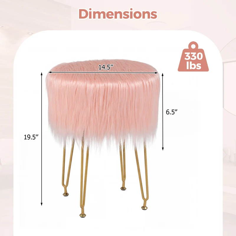 Faux Fur Vanity Stool Chair, Metal Legs, Pink