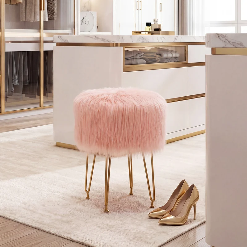 Faux Fur Vanity Stool Chair, Metal Legs, Pink
