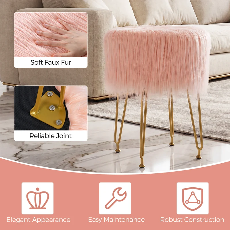Faux Fur Vanity Stool Chair, Metal Legs, Pink