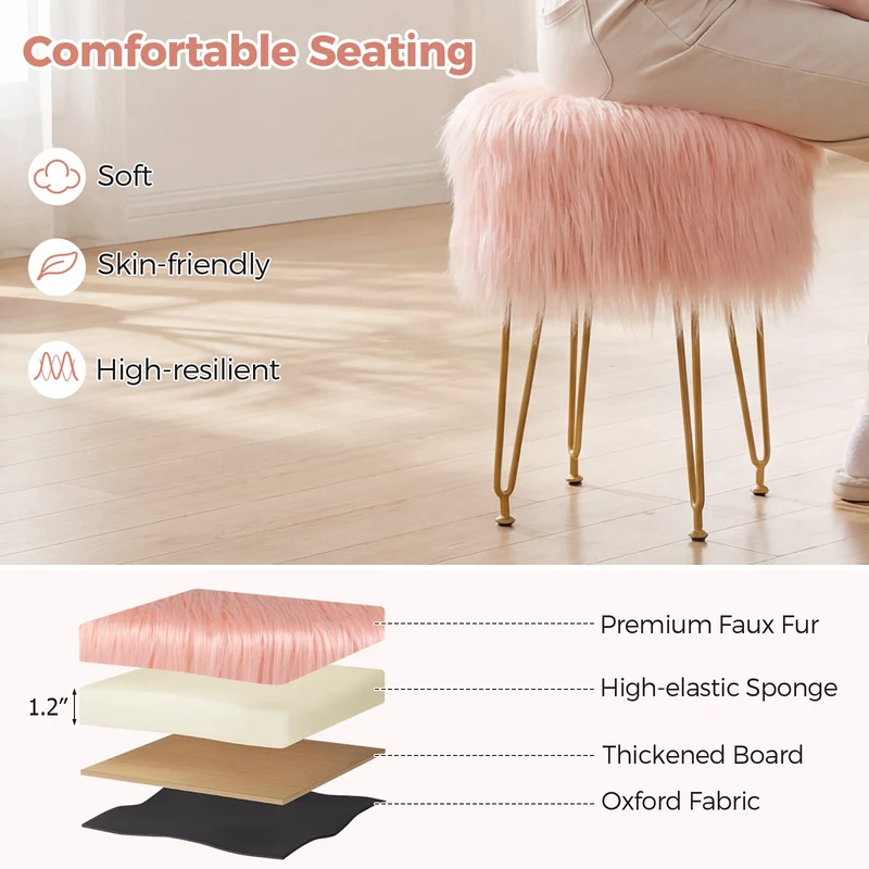Faux Fur Vanity Stool Chair, Metal Legs, Pink