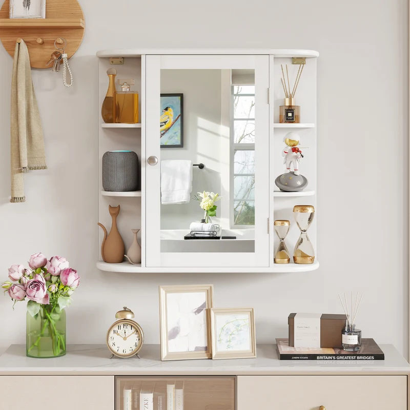 Multipurpose Mount Wall Mirror Bathroom Storage Cabinet, White