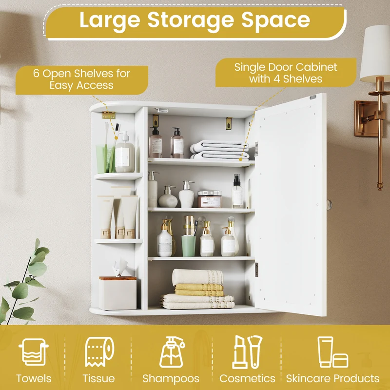 Multipurpose Mount Wall Mirror Bathroom Storage Cabinet, White