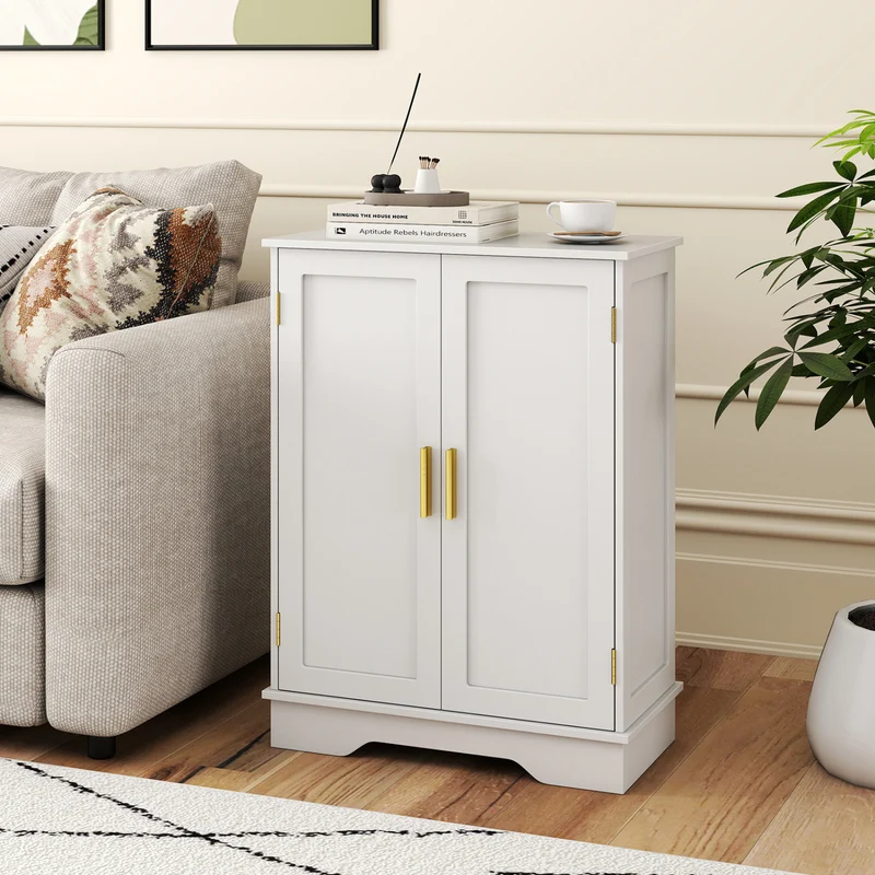 Bathroom Floor Storage Cabinet, 2 Doors, Adjustable Shelves, White
