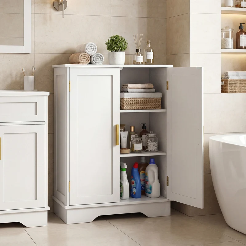 Bathroom Floor Storage Cabinet, 2 Doors, Adjustable Shelves, White