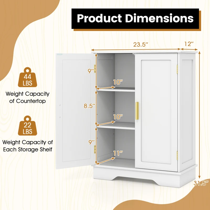 Bathroom Floor Storage Cabinet, 2 Doors, Adjustable Shelves, White