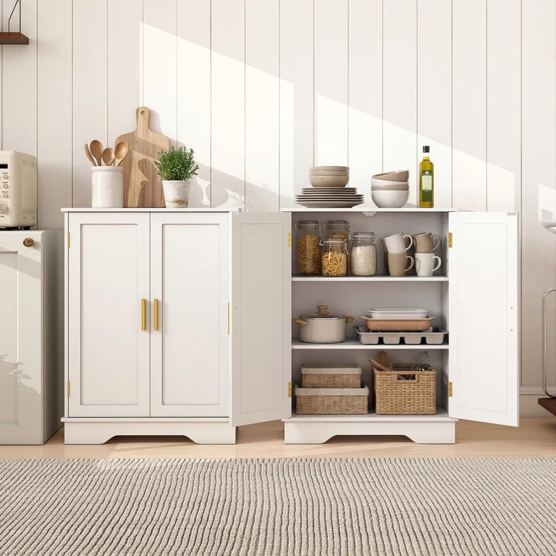 Bathroom Floor Storage Cabinet, 2 Doors, Adjustable Shelves, White