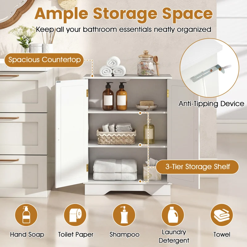Bathroom Floor Storage Cabinet, 2 Doors, Adjustable Shelves, White
