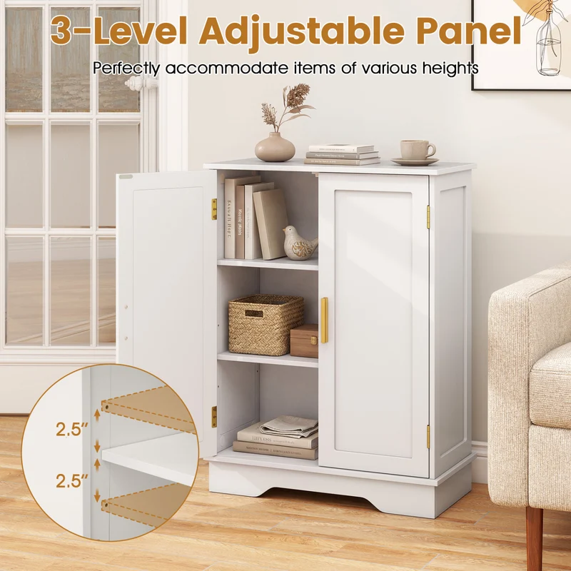 Bathroom Floor Storage Cabinet, 2 Doors, Adjustable Shelves, White