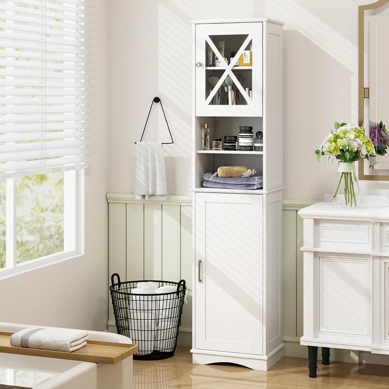 67 Inch Tall Bathroom Cabinet, Freestanding Storage, 5 Adjustable Shelves, White