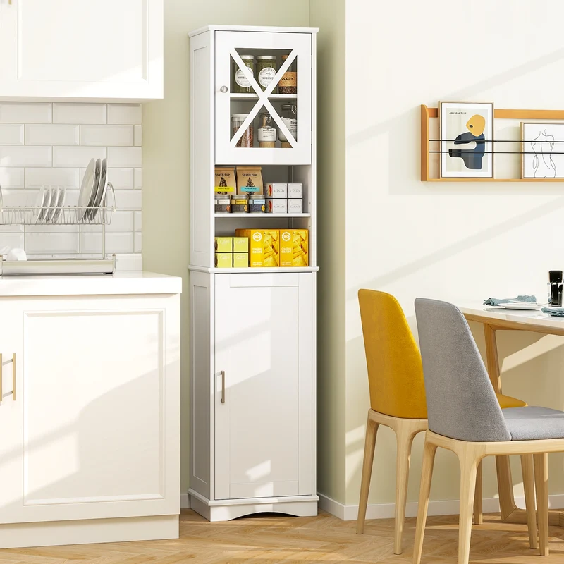 67 Inch Tall Bathroom Cabinet, Freestanding Storage, 5 Adjustable Shelves, White