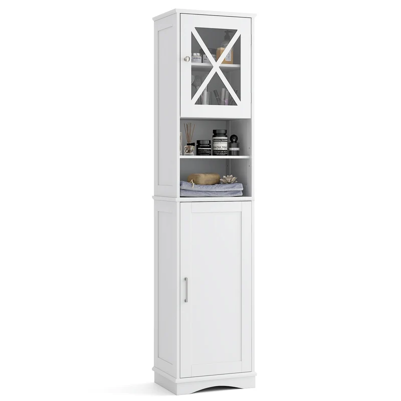 67 Inch Tall Bathroom Cabinet, Freestanding Storage, 5 Adjustable Shelves, White