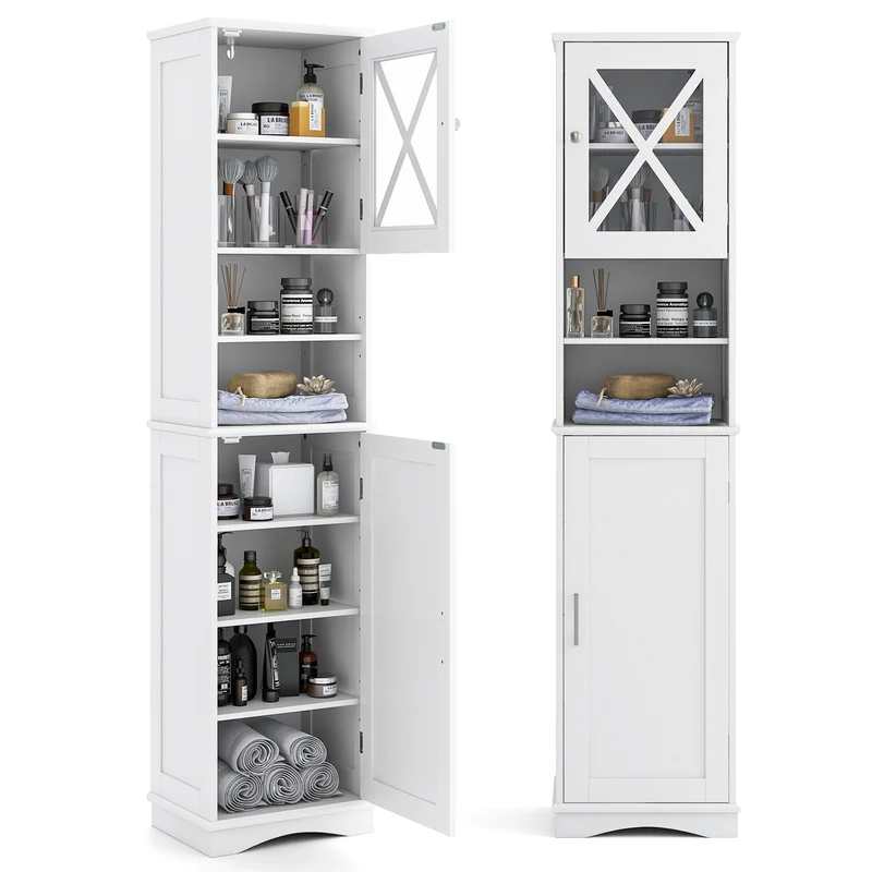67 Inch Tall Bathroom Cabinet, Freestanding Storage, 5 Adjustable Shelves, White