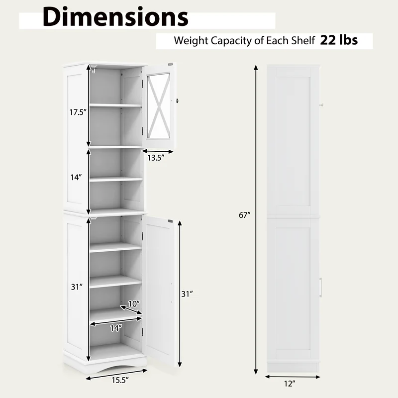 67 Inch Tall Bathroom Cabinet, Freestanding Storage, 5 Adjustable Shelves, White