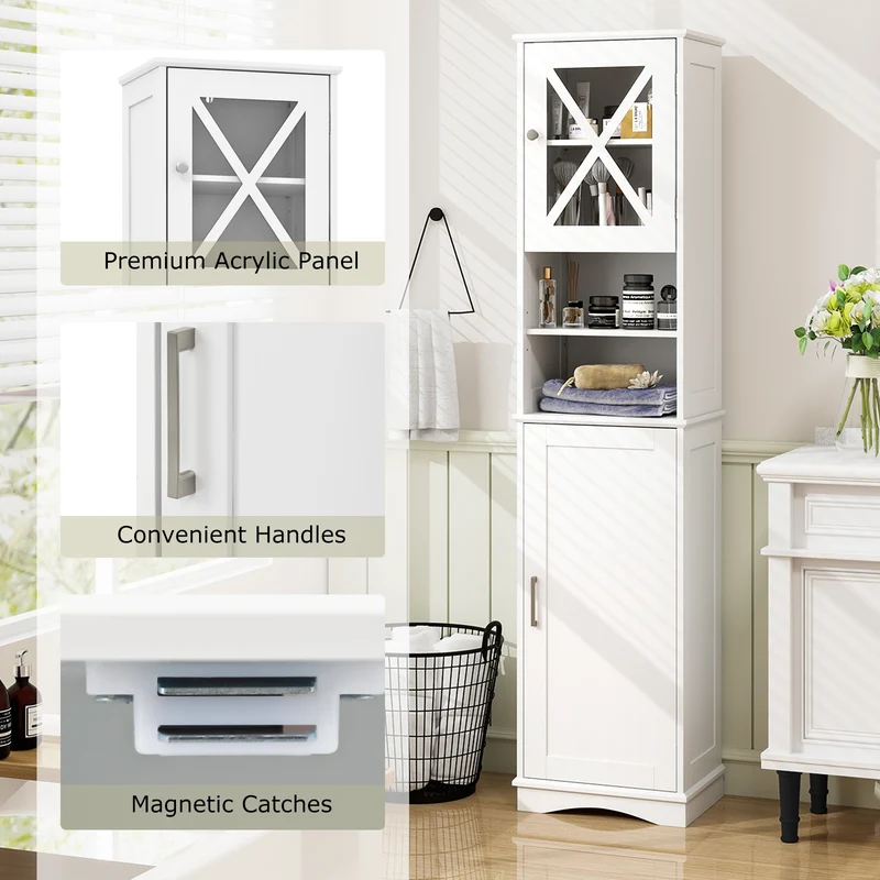 67 Inch Tall Bathroom Cabinet, Freestanding Storage, 5 Adjustable Shelves, White