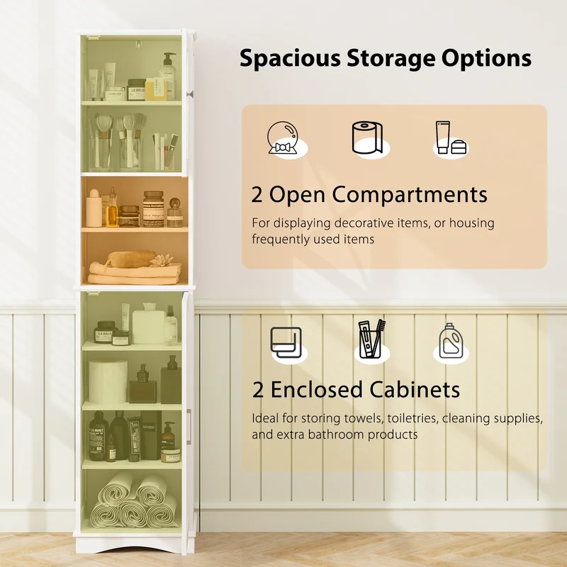 67 Inch Tall Bathroom Cabinet, Freestanding Storage, 5 Adjustable Shelves, White