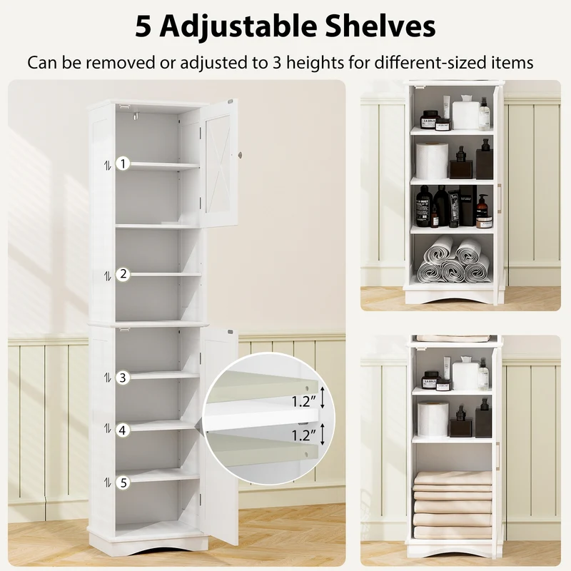 67 Inch Tall Bathroom Cabinet, Freestanding Storage, 5 Adjustable Shelves, White